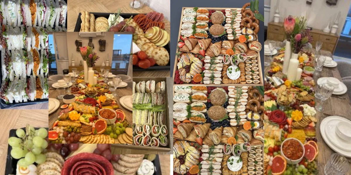 A collage of Crumbs catering spreads: platters of cut sandwiches and wrap pinwheels, charcuterie boards with cured meats, cheeses and fruit, filled rolls and pastries, and a grazing table laid with flowers and candles.